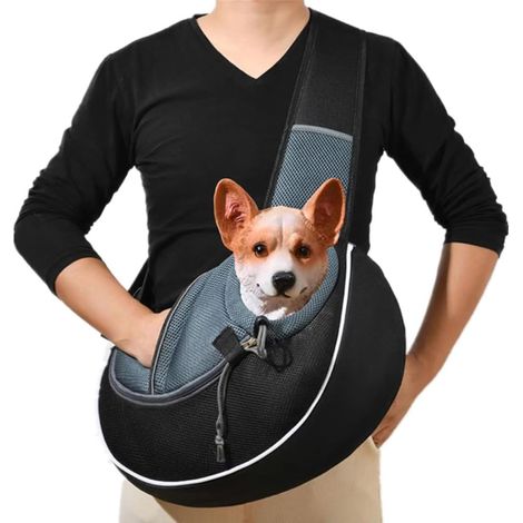 Adjustable Small Dog Sling Bag Breathable Mesh Dog Cat Carrier Hands Free Pet Travel Bag Portable Puppy Carrier with Pocket for Outdoor(black,39x24x4cm) (1/5)