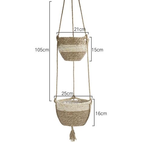 Pot de fleurs, jardinière suspendue intérieure extérieure, jardinière en jonc de mer naturel, beige (1/2)