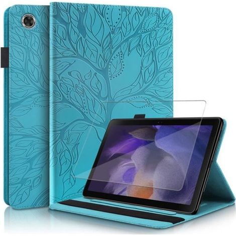 Coque Tablette - Samsung - Galaxy Tab A8 10.5 - Verre trempé - Cuir PU - Fentes Cartes - Bleu Arbre (1/4)