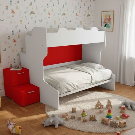 Letto a castello con gradini a cassetti e passerella - Una piazza e mezza e singola - Bianco e Rosso