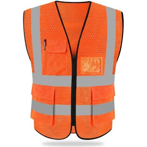 Warnweste hohe Sichtbarkeit mit Reißverschluss und Taschen, orange, Mesh (1/5)