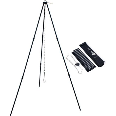 Trépied de Cuisson Pliable pour Feu de Camp avec Chaîne et Sac de Transport en Alliage d'Aluminium Noir pour Cuisine en Plein Air