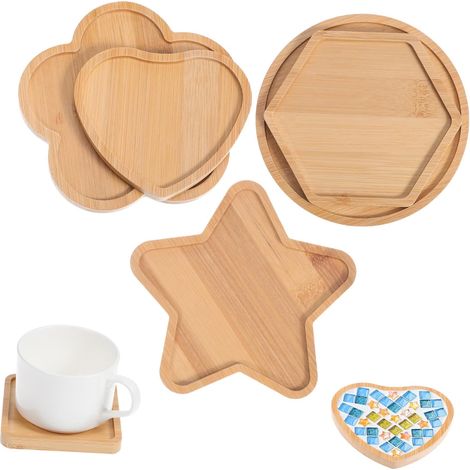 Lot de 6 Dessous de Verre en Bambou Beige Résistants à l'usure, Multifonctionnels, Formes Carrée, Cœur et Fleur, pour Bricolage Mosaïque et Supports Décoratifs (1/5)