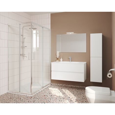 Hängender Badezimmerschrank 100 cm aus glänzend weißem Holz mit Waschbecken und Spiegel – Empoli - mit Kolonne Spiegel und LED Lampe (1/5)