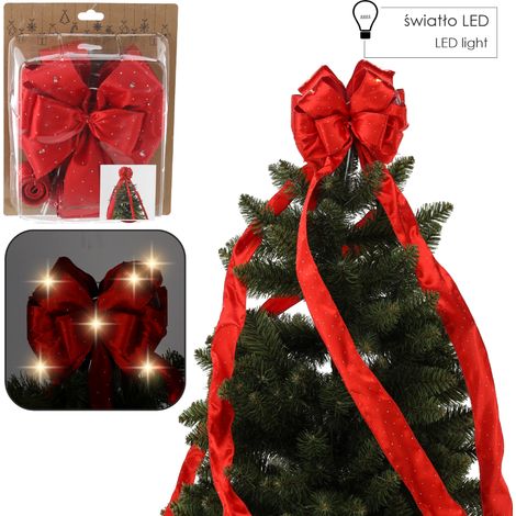 Fiocco per la cima dell'albero di Natale, rosso satinato, LED, 1,8 m