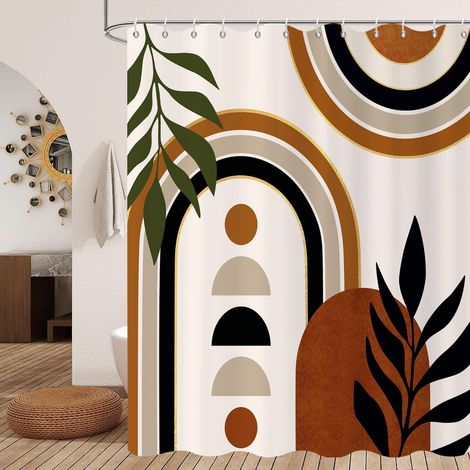 Rideau de Douche, 165x180cm, Terracotta Blanc Art Moderne Abstrait du Milieu du Siècle Boho Géométrique Imperméable Rideau de Salle de Bain Lavable en Machine avec Crochets (1/5)