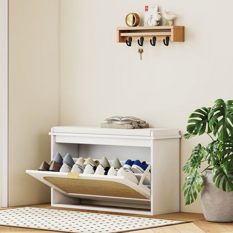 Banc à chaussures, banc de rangement, assise rembourrée, tiroir rabattable, porte en rotin, 80 x 26 x 47,5 cm, blanc (1/5)