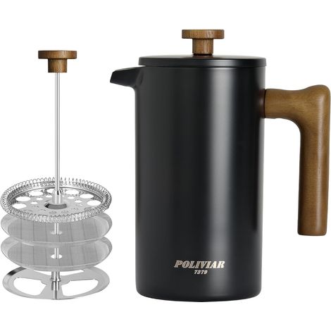 7379 Cafetiere 8 tasses, cafetière à piston avec poignée en bois, cafetière isolée à double paroi et 1 filtre supplémentaire, presse à café en acier inoxydable pour un bon café et t (1/5)