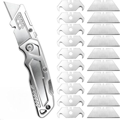 Cutter Pliable de Sécurité en Aluminium, Compatible avec Lames Trapézoïdales et à Crochet, Verrouillage Latéral, Clip de Poche, Argenté (1/5)