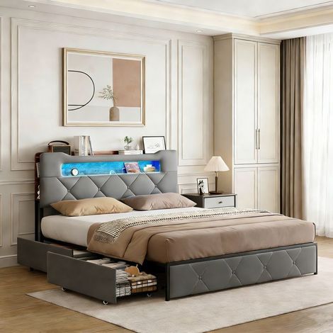 POCKETPOP Cama 160x200 cm con LED y carga USB Tipo C, cama para adultos 160x200 cm con 4 cajones, tela de terciopelo, gris