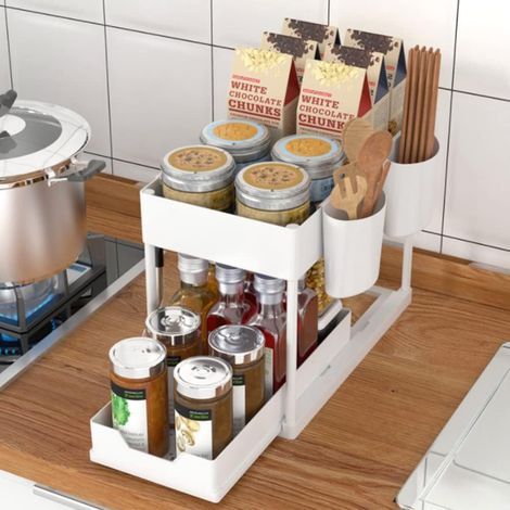 Organisateur de Cuisine à 2 Niveaux Rangement Sous évier Coulissant Support d'armoire Coulissant, pour Cuisine, Salle de Bain, Chambre (40 22 36 cm/Blanc) (1/5)