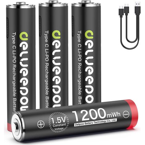 Piles Rechargeable AAA Lithium 1,5V Pression Constante,USB C Piles AAA Rechargeables 1200mWh avec 1500 Cycle 4 PCS (1/5)