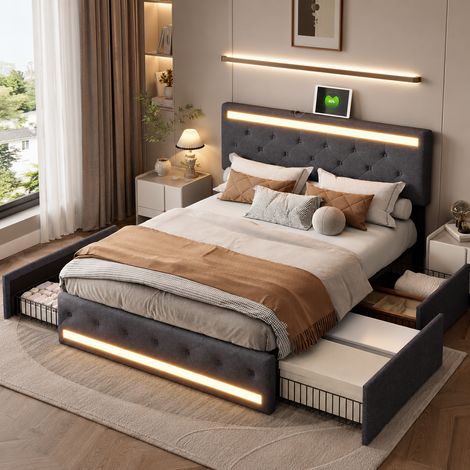 Lit coffre 140×200 cm,4 tiroirs,lit capitonné,lumière LED et port USB,lit double,tête de lit réglable,cadre de lit 140×200,style moderne,sommier à lattes,lit adulte,lit ados,Lin,Gris (1/5)