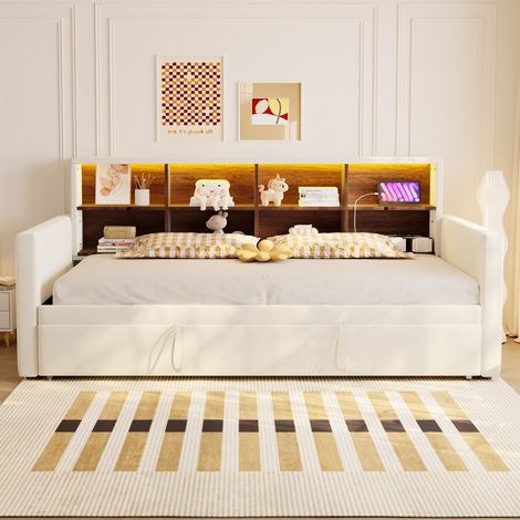 Polsterbett 90x190 cm in Beige, Samt, mit Ausziehbett, Stauraum-Kopfteil und LED (1/5)