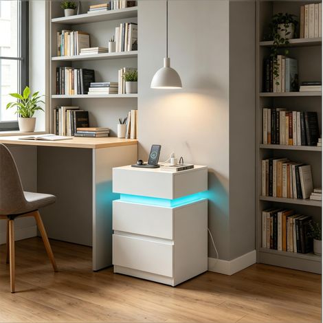 Table de chevet 35x40x55 cm blanc en bois avec station de charge et éclairage LED réglable (1/5)