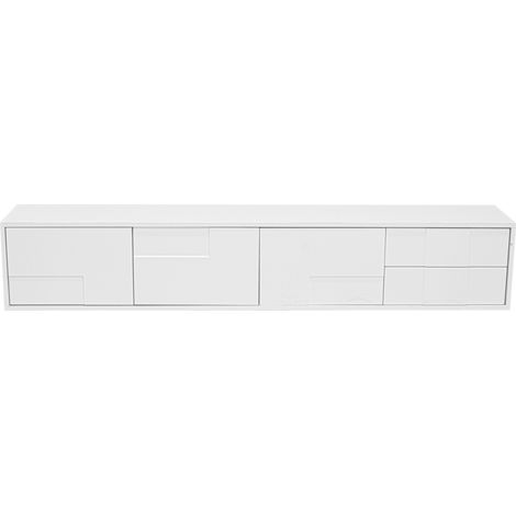 Meuble TV moderne en blanc 170 cm, finition partiellement haute brillance, sans poignées, 3 portes et 2 tiroirs, à poser ou suspendre (1/5)