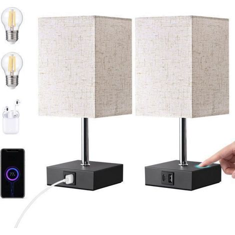 Lampe de Chevet Tactile - 2 Ports USB-A et USB-C - Abat-jour en Lin - Ampoule LED E27 Incluse - Lot de 2