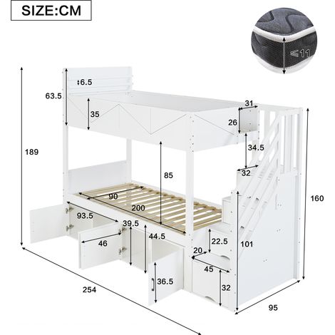 Lit, 90 x 200 cm, lit superposé, avec rangement, en bois massif et MDF, blanc (1/5)