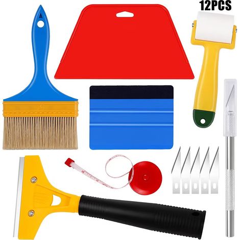 Ensemble d\'outils de lissage de papier peint de grattoir de voiture, avec rouleau de grattoir, couteau de coupe, ruban à mesurer, couteau à mastic, 12 paquets (1/3)