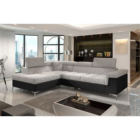 - Canapé d'angle convertible - ERMAN - en tissu et simili 5 places, gris et noir, angle gauche (vu de face) (1/5)