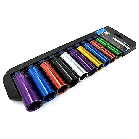 10PC 1/2"" DRIVE DEEP SOCKET SET MULTI COLOUR METRIC LONG REACH 13-24MM ON RAIL (1/2)