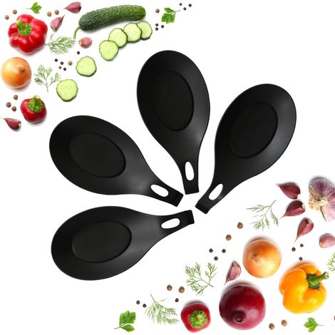 Repose-Cuillère - Silicone - 19,5 x 9,5 cm - Pour Cuillères et Spatules - Noir - Lot de 4 (1/5)