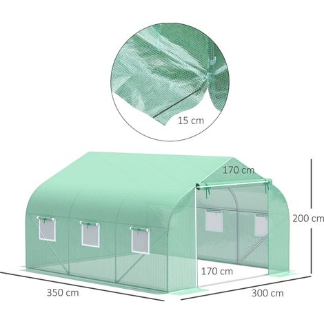 Tunnelgewächshaus mit Rolltor, 6 Fenstern und Schrägdach, PE-Gemüsegartengewächshaus für Pflanzen, 3,5 x 3 x 2 m, Grün