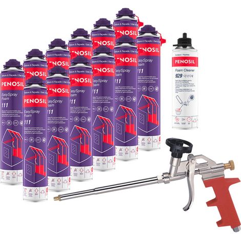 PENOSIL Pack de 12 Mousses PU Pulvérisables EasySpray Foam 111 700ml + Nettoyant FoamCleaner 929 500ml Penosil + Pistolet