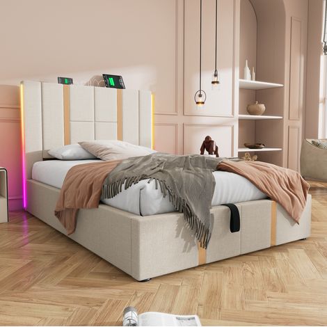 Bett Polsterbett Stauraum 90x200 mit LED USB Beige OKMYHOME (1/5)