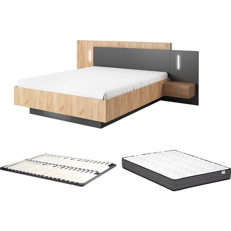 Vente-Unique – Lit avec chevets 160 x 200 cm – 2 tiroirs – Avec LEDs blanches – Panneau de particule mélaminé – Matelas ressorts ensachés 160 x 200 cm (1/5)