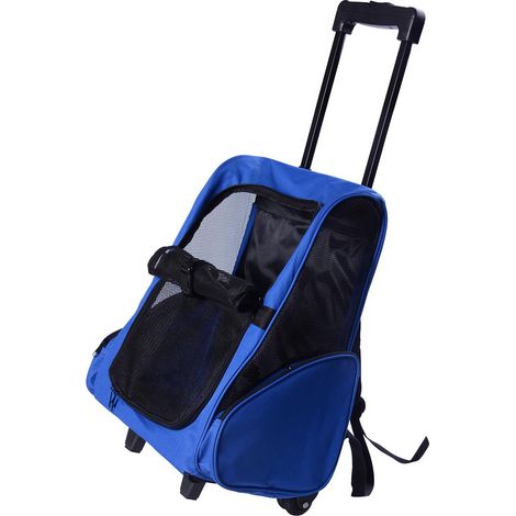 PawHut Sac de transport à roulettes pour chien 2 en 1 trolley chariot sac à dos pour chien chat avec poignée téléscopique, sacs de rangement, aérations, attache de sécurité, 42 x 25 x 55 cm, bleu