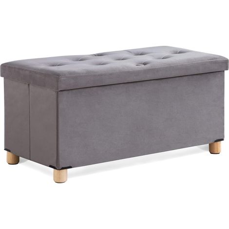 Pouf Rangement Pliable, Banc de Rangement avec Couvercle, Tabouret Coffre en Velours Repose-Pieds pour Salon Chambre Entrée, 76 x 38 x 38 cm, Gris
