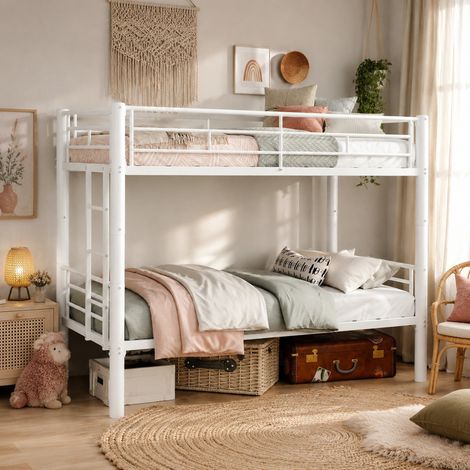 Letto a castello 196x103x156 cm bianco in ferro trasformabile con scala antiscivolo (1/5)