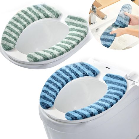 Lot de 2 paires de coussinets de siège de toilette doux à motif rayé (vert et bleu) – Housses de siège de toilette lavables et émettant de la chaleur avec adhésif puissant, pour plus de confort et d'h (1/5)