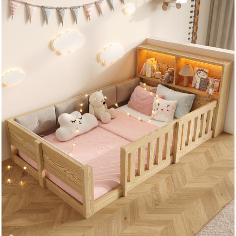Kinderbett 90x200 cm Natur aus Spanplatte und Plüsch mit gepolsterter Rückenlehne, Stauraum und LED-Beleuchtung (1/5)