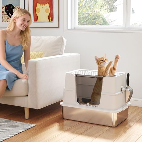 XL-Katzentoilette aus Edelstahl mit Klappdeckel, hohen Seitenwänden, Schaufel, leicht zu reinigen, auslaufsicher, hellgrau