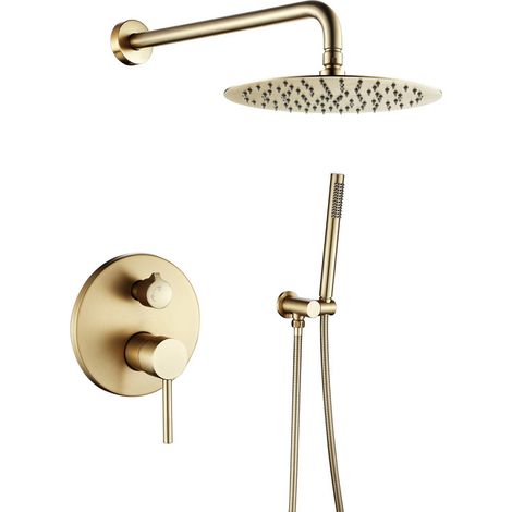 Esip – Colonne de douche encastrée en or brossé – Pommeau 10 pouces effet pluie – Tuyau inox 1,5m – Système à 2 fonctions avec douchette (1/5)