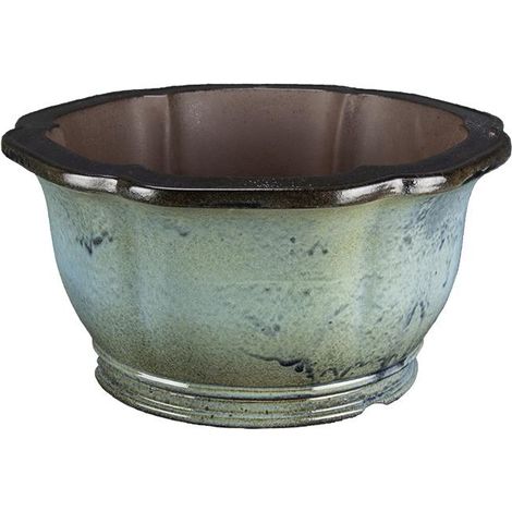 Vaso per bonsai rotondo (forma a fior di loto) in gres smaltato azzurro-blu 27,5x27,5x14 cm - TY148c