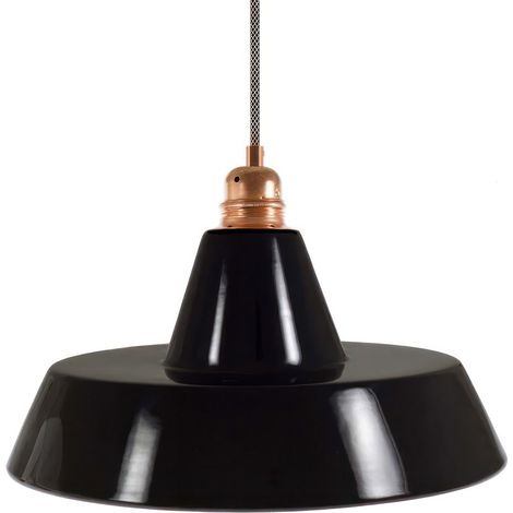 Lampada a sospensione Made in Italy completa di cavo tessile, paralume in ceramica Industriale e finiture in metallo  Con lampadina - Nero - Rame - Matter ON/OFF