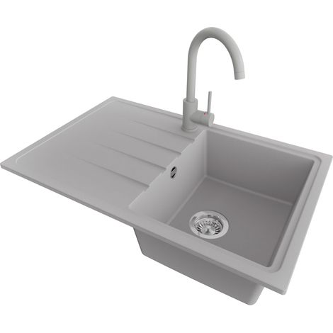 PRIMAGRAN Evier Cuisine en Granit 78x50cm,Lavabo 1 bac + Robinet 32x20cm + Kit de Vidage, Évier à Encastrer au meuble 45cm - Milan, Gris (1/5)
