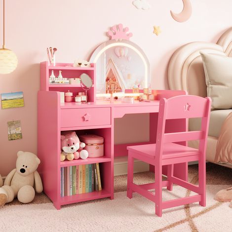 Table de Coiffeuse Princesse avec Miroir à LED pour Enfants - Bureau Maquillage en Bois avec Chaise, Tiroir et Étagères-Rose (1/5)