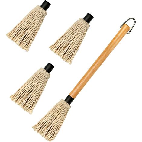 1 Balai à badigeonner, Manche en bois, 4 têtes remplaçables, Fibre de coton, Pour barbecue et cuisine