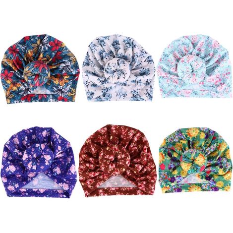 6-Piece Baby Hat and Fabric Turban Set with Bow and Flower Design, Mixed Pack, Comfortable and Safe, for Newborns and Infants, Head Decoration, Party Decoration, Random Color (1/5)