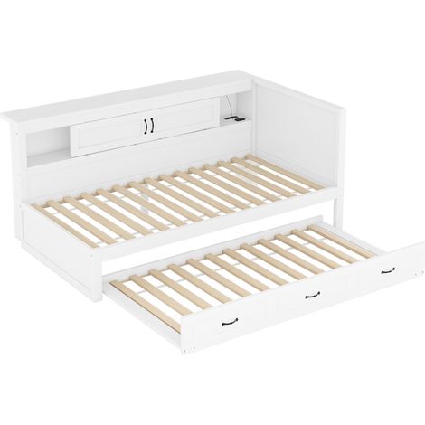 Lit de jour 90 x 200 cm blanc avec lit gigogne LED, rangement, prise et USB (1/5)