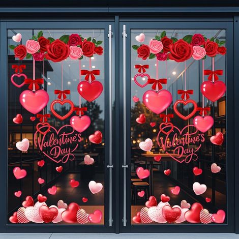Lot de 2 autocollants de fenêtre de Saint-Valentin avec motif cœur rouge festif, autocollants double face réutilisables en PVC pour portes en verre et décoration de fête à la maison (A)