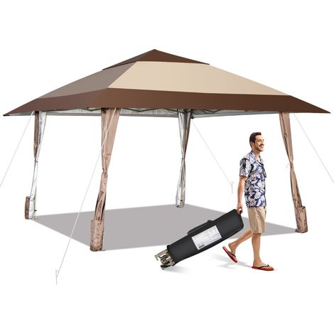 Gazebo da patio 3x3M portatile con ruote e UPF 50+, Tettoia pop-up impermeabile per eventi in cortile Beige (1/3)