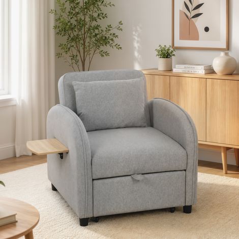 Fauteuil Convertible 1 Place, Fauteuil-Lit Clic-Clac 3 en 1, Dossier Réglable, Tablette Latérale Rabattable, Gris (1/5)