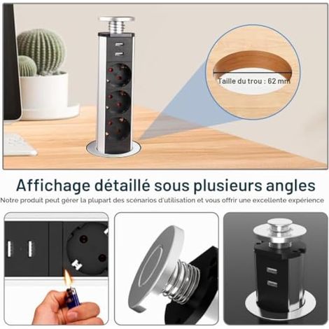 Multiprise de table escamotable avec 2 ports USB, 3 prises escamotables, 60 mm, avec cable de 2 m, multiprise encastrable, pour plan de travail, bureau, cuisine (1/3)
