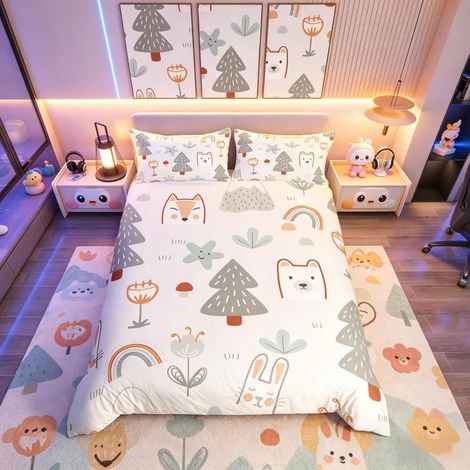 Parure de lit avec housse de couette et 2 taies d'oreiller pour lit double Motif lapin et lapin Motif lapin dessin animé arc-en-ciel (1/5)