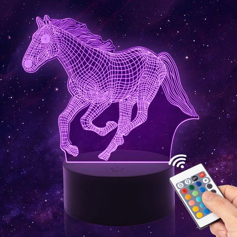 1 Lampe Cheval, Veilleuse 3D LED, 16 Couleurs, Télécommande, Double Alimentation, Cadeau Enfant